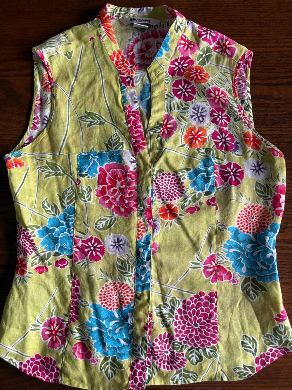 Nygard green linen large floral pattern sleeveless snap close top EUC